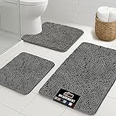 GORILLA GRIP Area Rug Sets 3 Piece, Bath Mat Set and Oval Toilet Base with Rubber Backing, Plush Absorbent Shaggy Chenille Washable Mats, Includes 24x19.5, 24x17 and 30x20 Inch Rugs, Grey