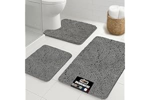 GORILLA GRIP Bathroom Rug Sets 3 Piece, Bath Mat Set and Oval Toilet Base with Rubber Backing, Plush Absorbent Shaggy Chenille Washable Mats, Includes 24x19.5, 24x17 and 30x20 Inch Rugs, Grey