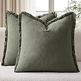 EMEMA Linen Fringe Throw Pillow Covers Set of 2 Boho Farmhouse Accent Decorative Pillowcase with Tassels for Couch Sofa Bed Living Room Home Decor 18x18 Inch,Light Olive Green