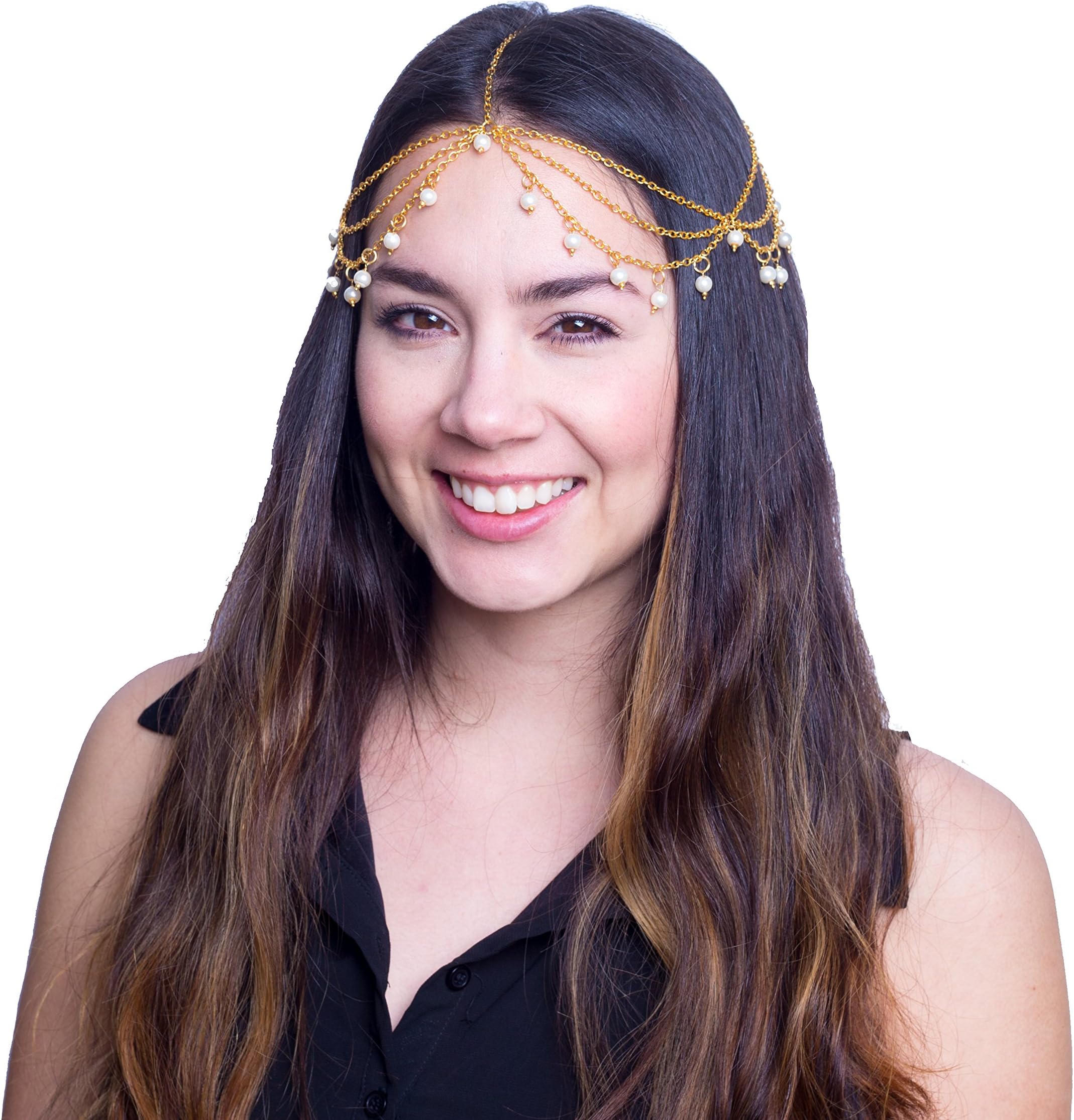 Triple Layered Gold Tone Girls Pearl Drop Accent Head Chain Jewelry Headband Womens