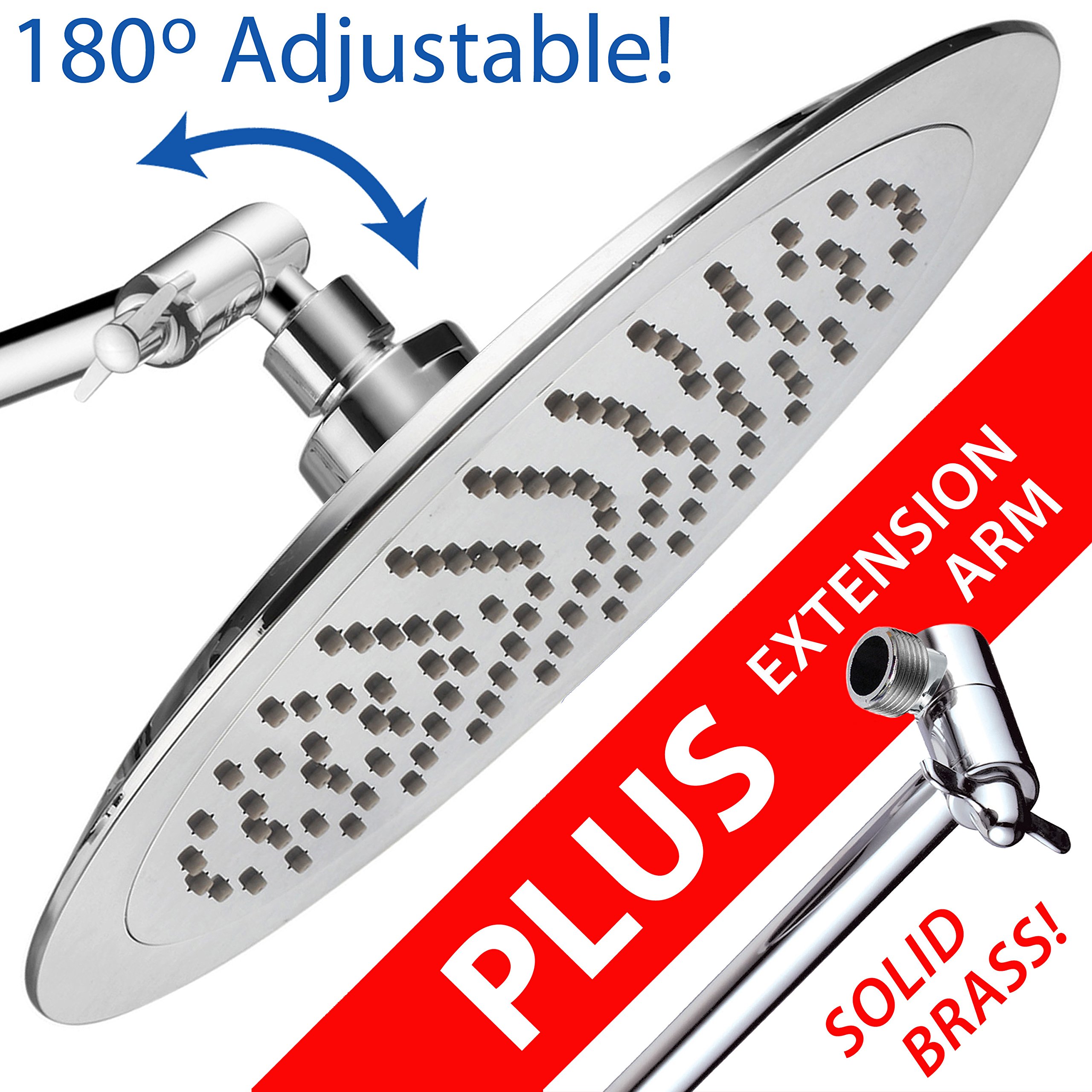 AquaSpa 9-inch Round Rain Shower Head (180 degrees Adjustable) PLUS HotelSpa 11 Inch Solid Brass Height/Angle Adjustable Extension Arm