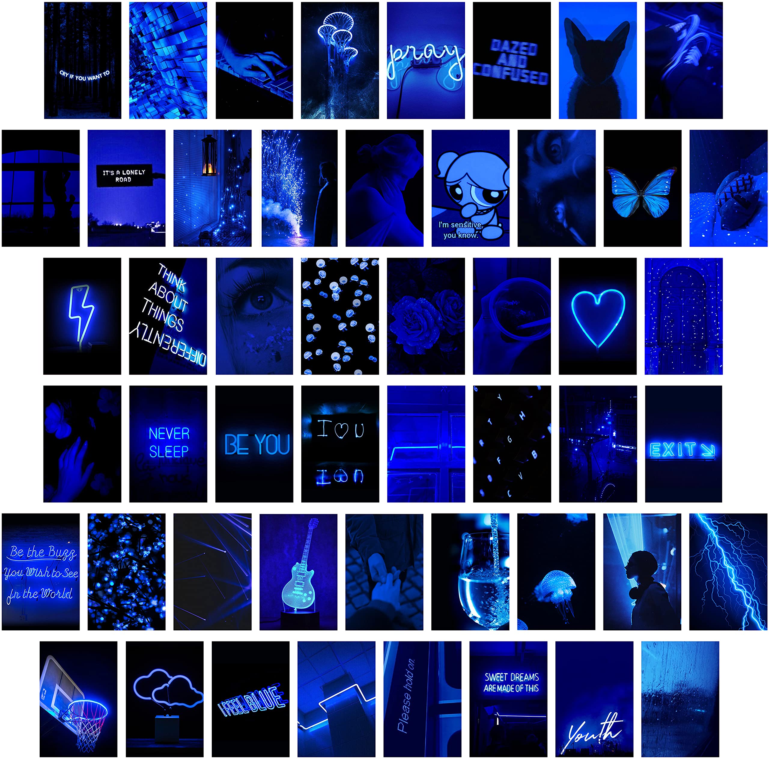 EDUS Neon Blue Posters for Aesthetic Room Decoration, Blue Wall Decor Collage Kit Prints, 50pcs 4x6 inch, Posters for Teen Girls Room Decor, Dorm Decor Trendy — image 1