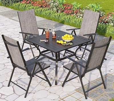 PHI VILLA 5 Pcs Garden Set with Table 94x94 Grey Adjustable Folding Chairs