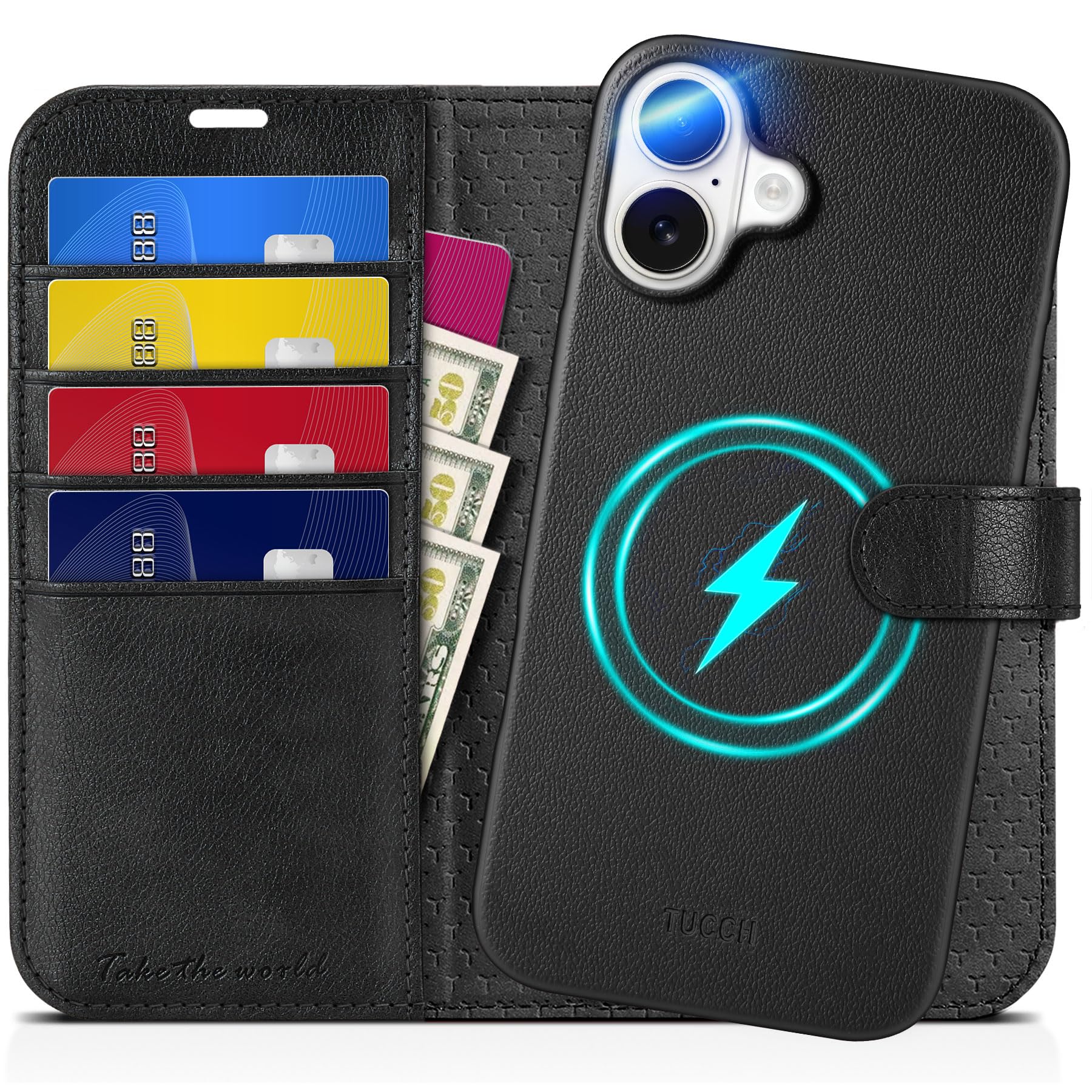 TUCCH Case for iPhone 16 Plus (6.7"), [2-in-1]Detachable Magnetic PU Leather Wallet Case with[RFID Blocking][Wireless Charging][Card Holder][Kickstand]Removable Shockproof Folio, Full Textured Black