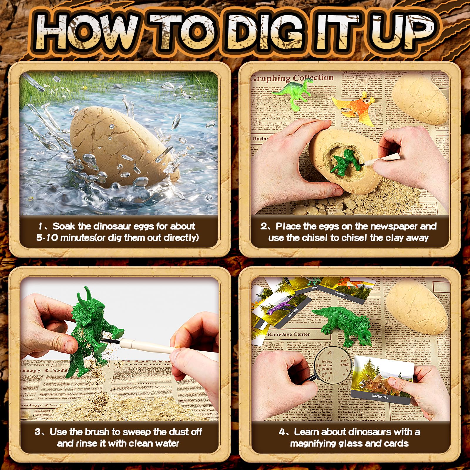 24 Dinosaur Eggs Dig Kit Toys for Kids, Surprise Dinosaur Eggs Excavation Kit with Magnifier, Science STEM Birthday Party Favors Easter Gifts for Boys Girls Age 3 4 5 6 7 8 9 10 + Years Old