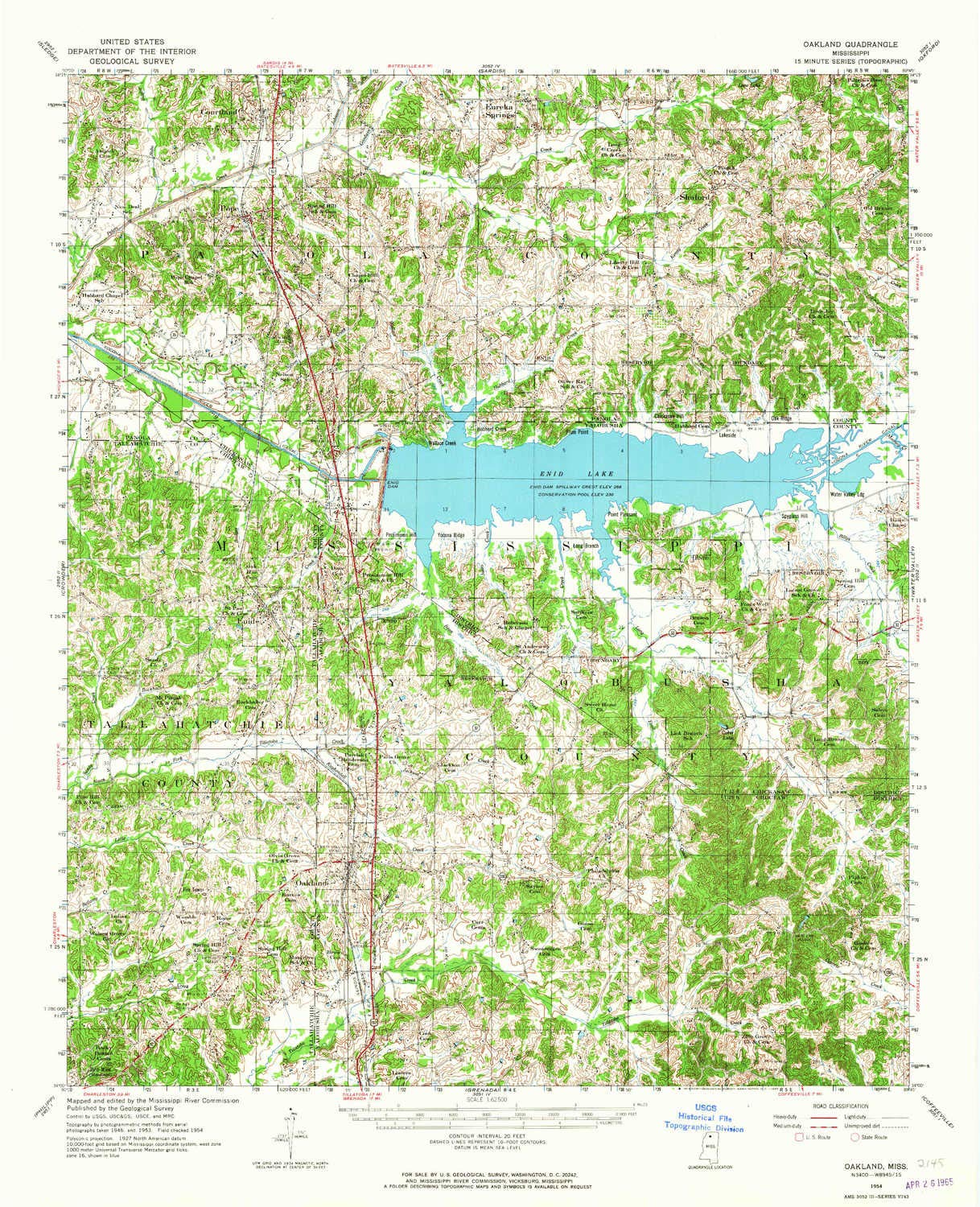 YellowMaps Oakland MS topo map, 1:62500 Scale, 15 X 15 Minute, Historical, 1954, Updated 1965, 20.9 x 16.9 in