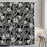 AMBZEK Gothic Skull Floral Shower Curtain 60Wx72L Inch Men Goth Skeleton Spooky Sugar Skull Flower Leaves Cool Halloween Artwork Cloth Fabric Waterproof Polyester Bathroom Decor Set with 12 Pack Hooks