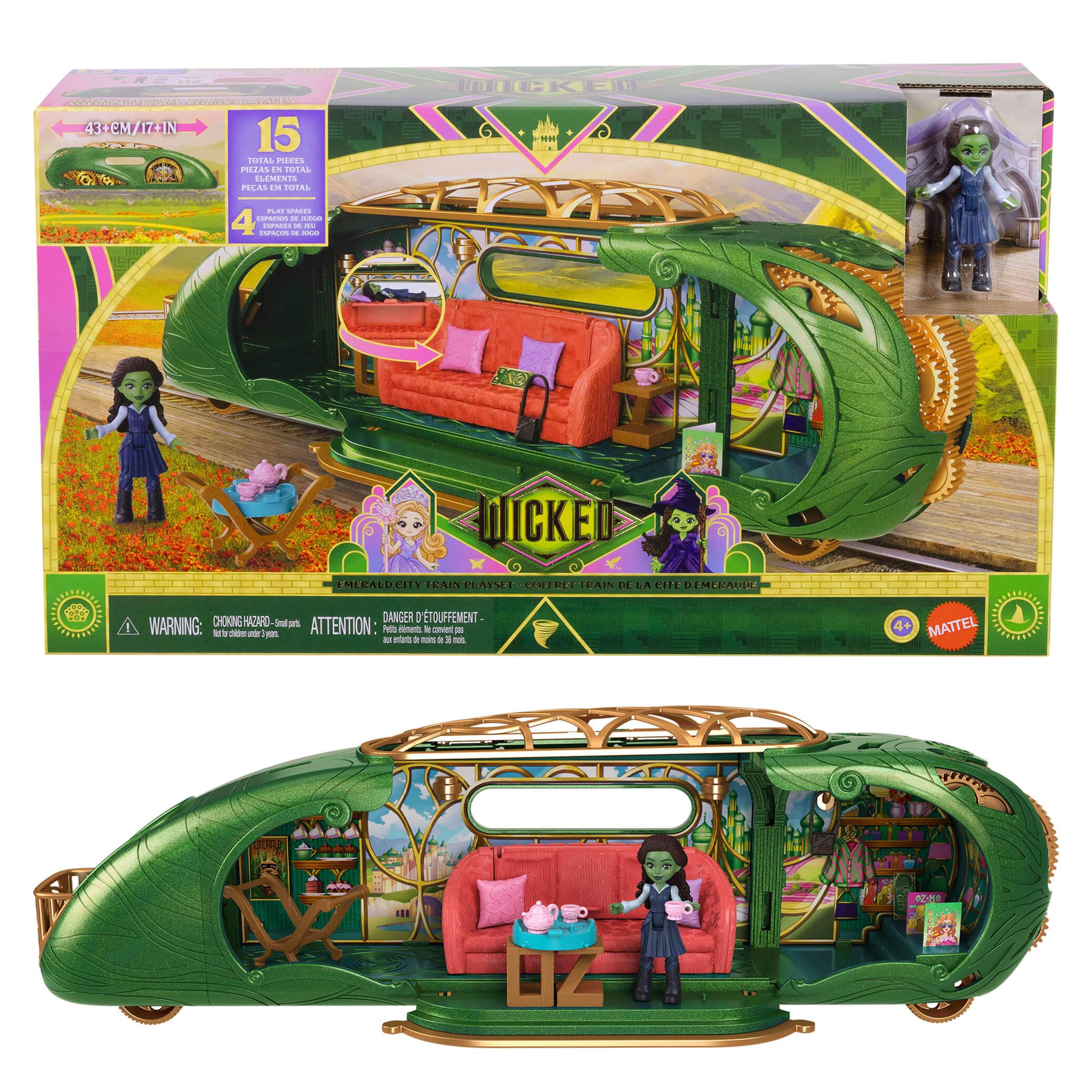 Mattel Universal Pictures’ Wicked Emerald City Train Playset with Elphaba Small Doll, 3 Play Spaces & 14 Accessories, Inspired by the Movie, JKM07