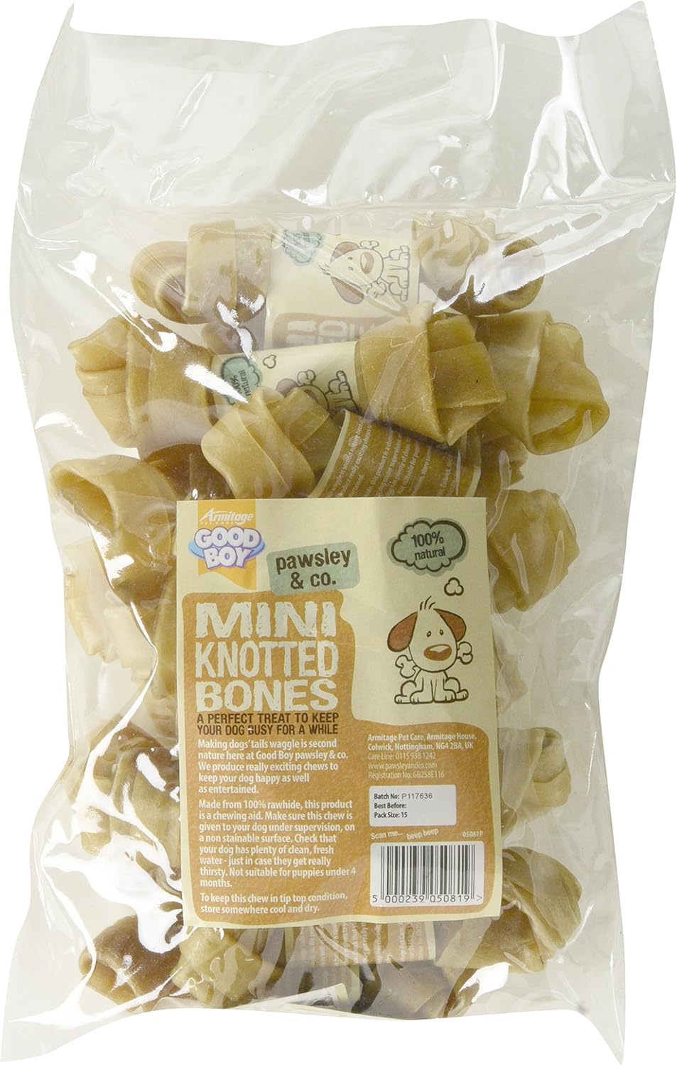 Good Boy Rawhide Dog Treat Mini Knotted Bone, 100mm, Pack of 15 Amazon