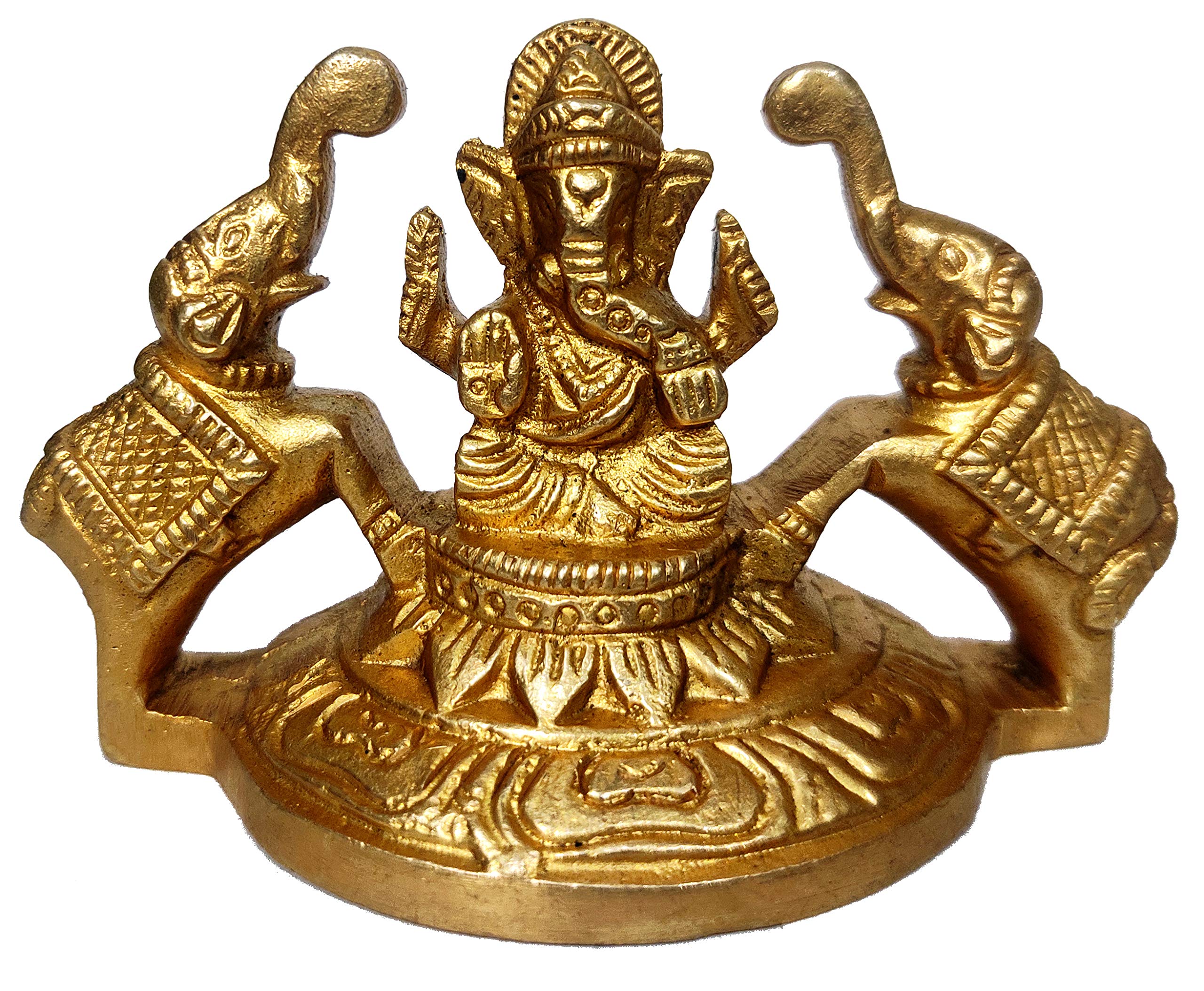 Purpledip Brass Idol Gaja Ganesha: Collectible Decor Statue Ganapathi with Elephants (12243)