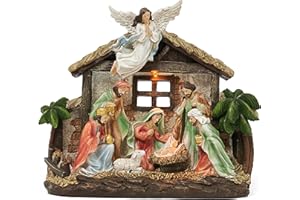 Valery Madelyn Christmas Nativity Figurines with LED Lights, Large Red Green White Holy Family Nativity Scenes Resin Manger for Xmas Indoor Home Table Fireplace Holiday Decorations, 10.6 Inch Tall