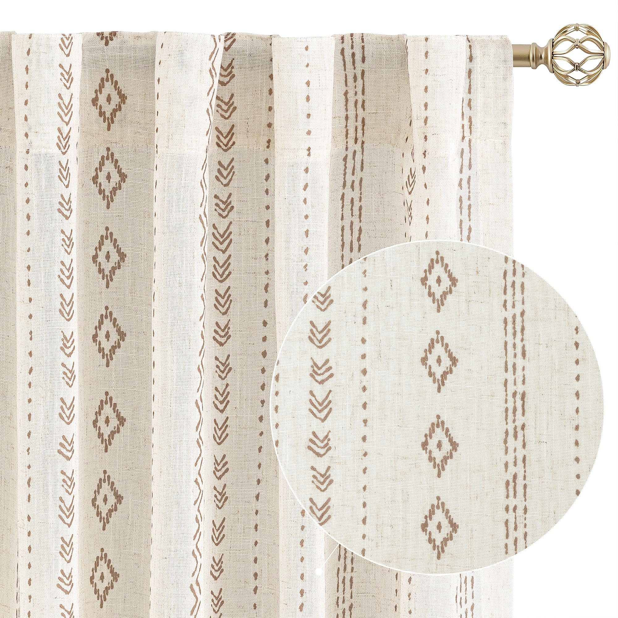 Photo 1 of Meikelor Cream Boho Curtains 2 Panels for Bedroom Light Filtering Brown Stripe Geometric Pattern Sheer Boho Curtains 84 inch Long Bohomian Floral Print Drapes Neutral Farmhouse Home Decor Back Tab