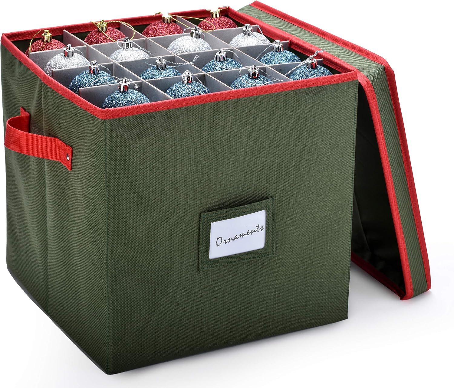 Holiday Décor Storage - Christmas Ornament Storage - Stores up to 64 Holiday Ornaments, Adjustable Dividers, Covered Top, Two Handles. Attractive Storage Box Keeps Holiday Decorations Clean and Dry for Next Season. (Green)