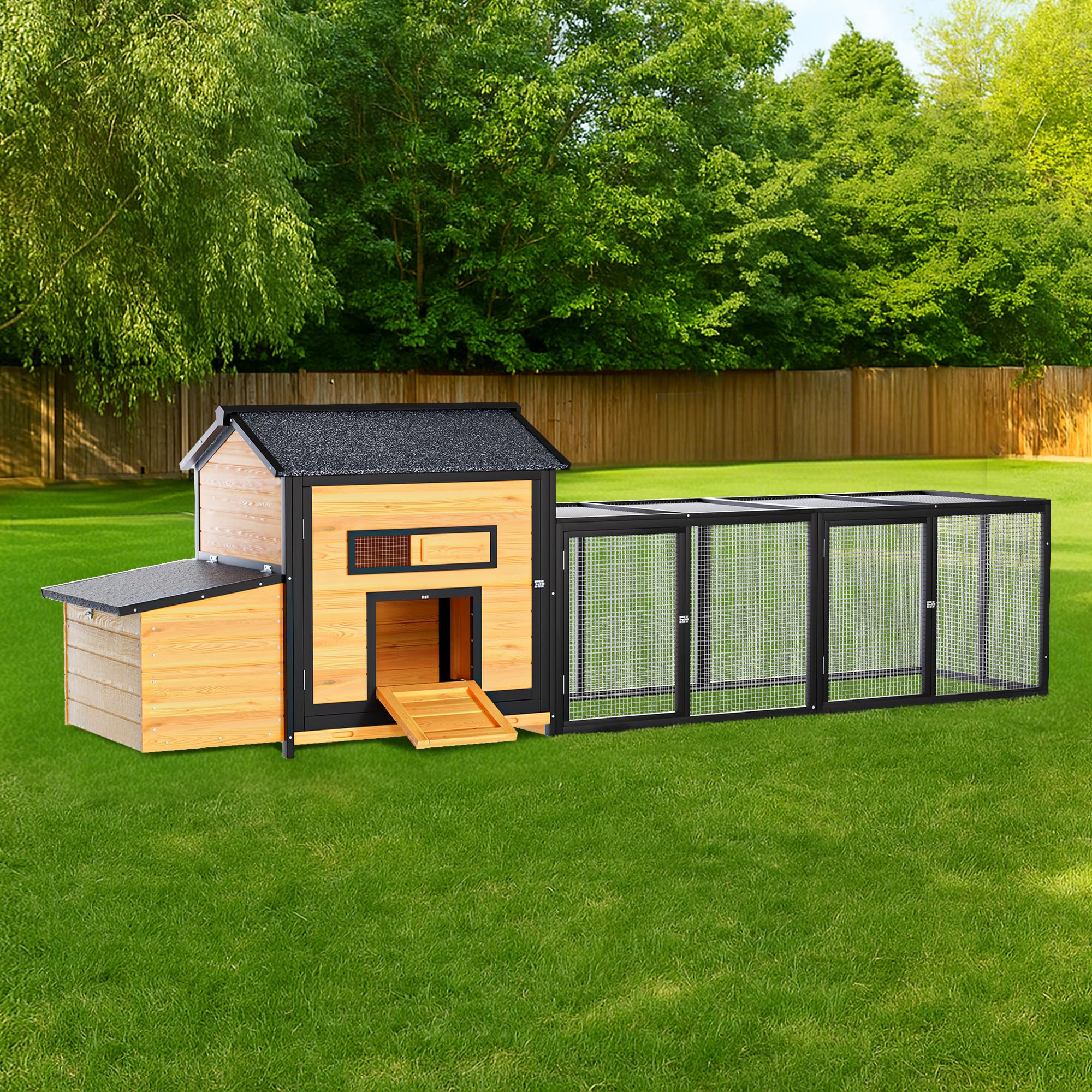Photo 1 of *** MISSING SCREWS **** YOPTO 118" Large Wood Chicken Coop,Outdoor Hen House with Nesting Box Poultry Cage,Oversized Enclosed Run,Hen Coop with Leak-Proof Pull-Out Tray,Asphalt Roof & Free-Range Doors,Black+Gold