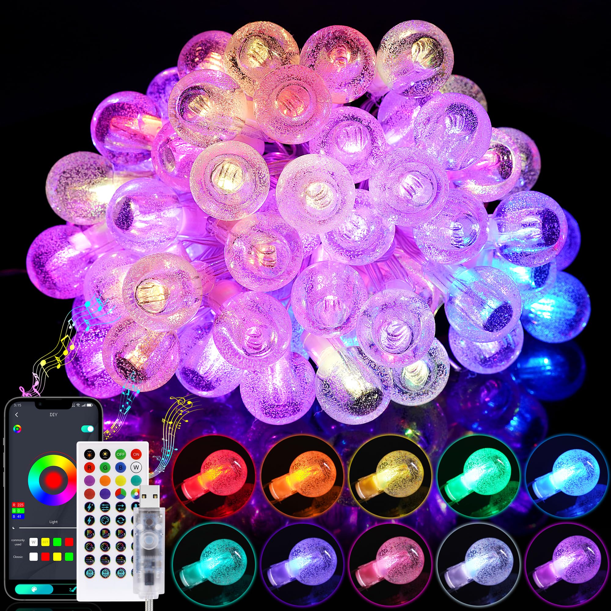 Photo 1 of Smart Christmas String Lights Indoor, 29.5ft 213 Modes Crystal Fairy Lights, 60LED Color Changing Globe Decorative Hanging Lights with APP Remote Music for Bedroom Party Girl Gift Tent Wall Xmas Décor