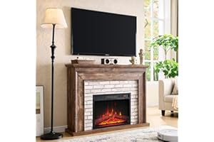 Aitjunz 45" Flip Top Electric Fireplace with Mantel, Electric Fireplace Heater, TV Stand with Freestanding Electric Fireplaces, Remote Control, Adjustable Flame Level for Living Room (Light Brown)