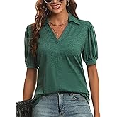 KYLELOVE Womens Casual Tops V Neck Polo Shirts Puff Sleeve Blouses Loose Fit Tunics