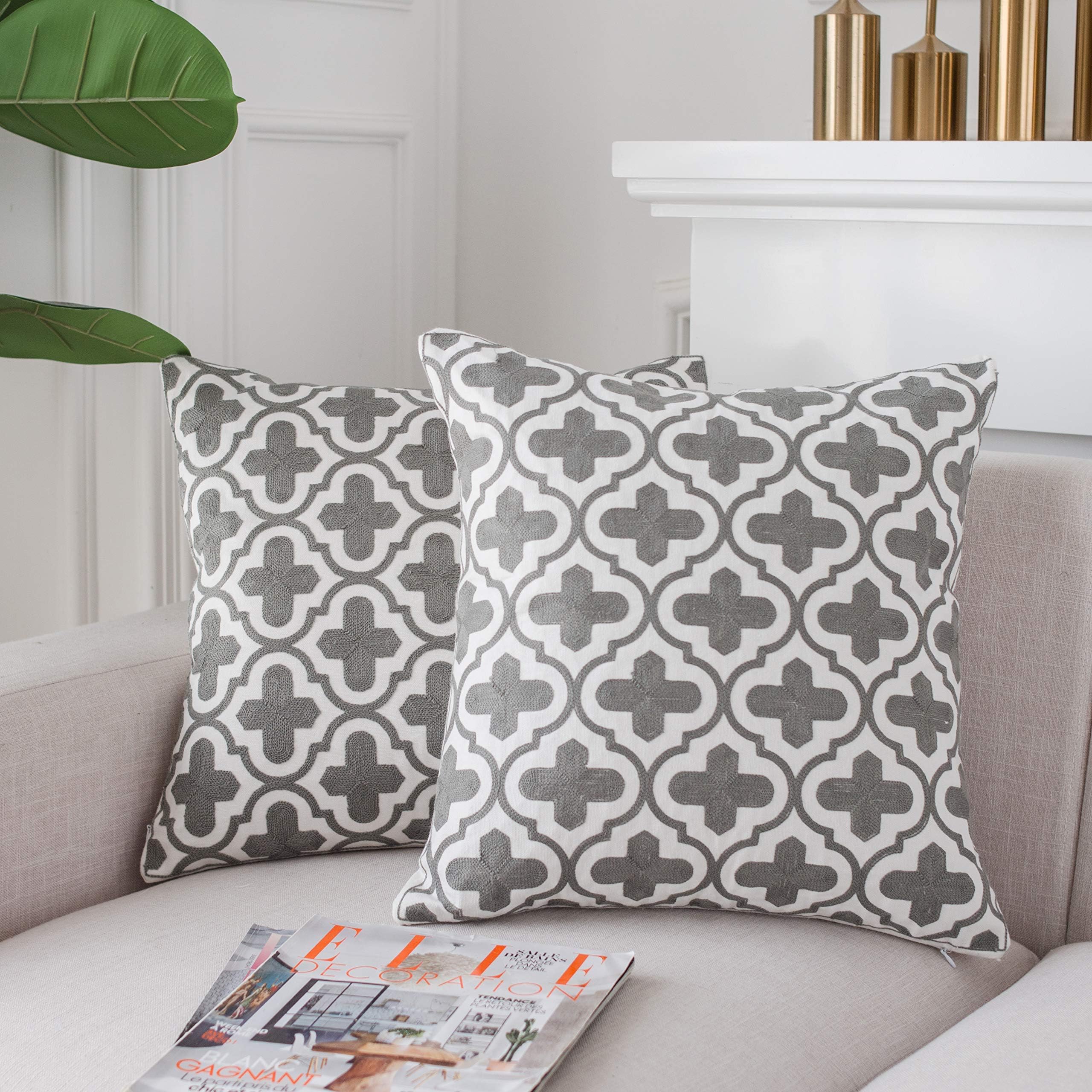 LIFONDER Gray Quatrefoil Pattern Embroidered Cushion Covers Square Cotton Canvas Pillow Cases Shells for Home Decor with Hidden Zipper Closure, 18" x 18", 2 Pieces