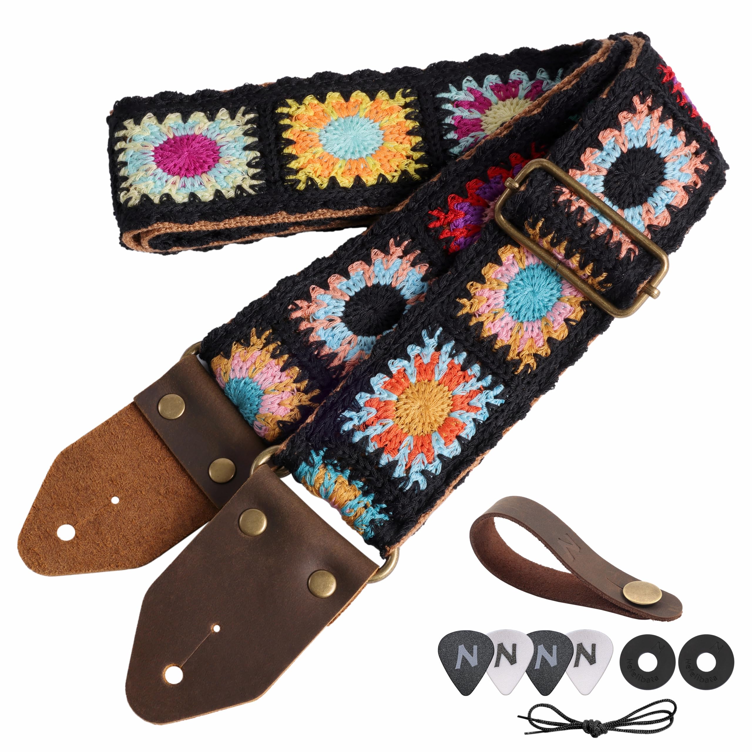 Nefelibata Guitar Strap,Crazy Horse Leather Jacquard Embroidery Cotton Guitar Straps for Bass, Electric & Acoustic, Best Gifts for Guitarists(Sunflower Black Embroidery)