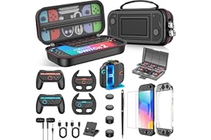 Spican Switch 2 Accessories Bundle 17-in-1, Switch 2 Carrying Case for Switch 2/Switch/Oled, Joypad Charging dock, Switch 2 Protectors, Steering Wheel, Joypad Grip, & More