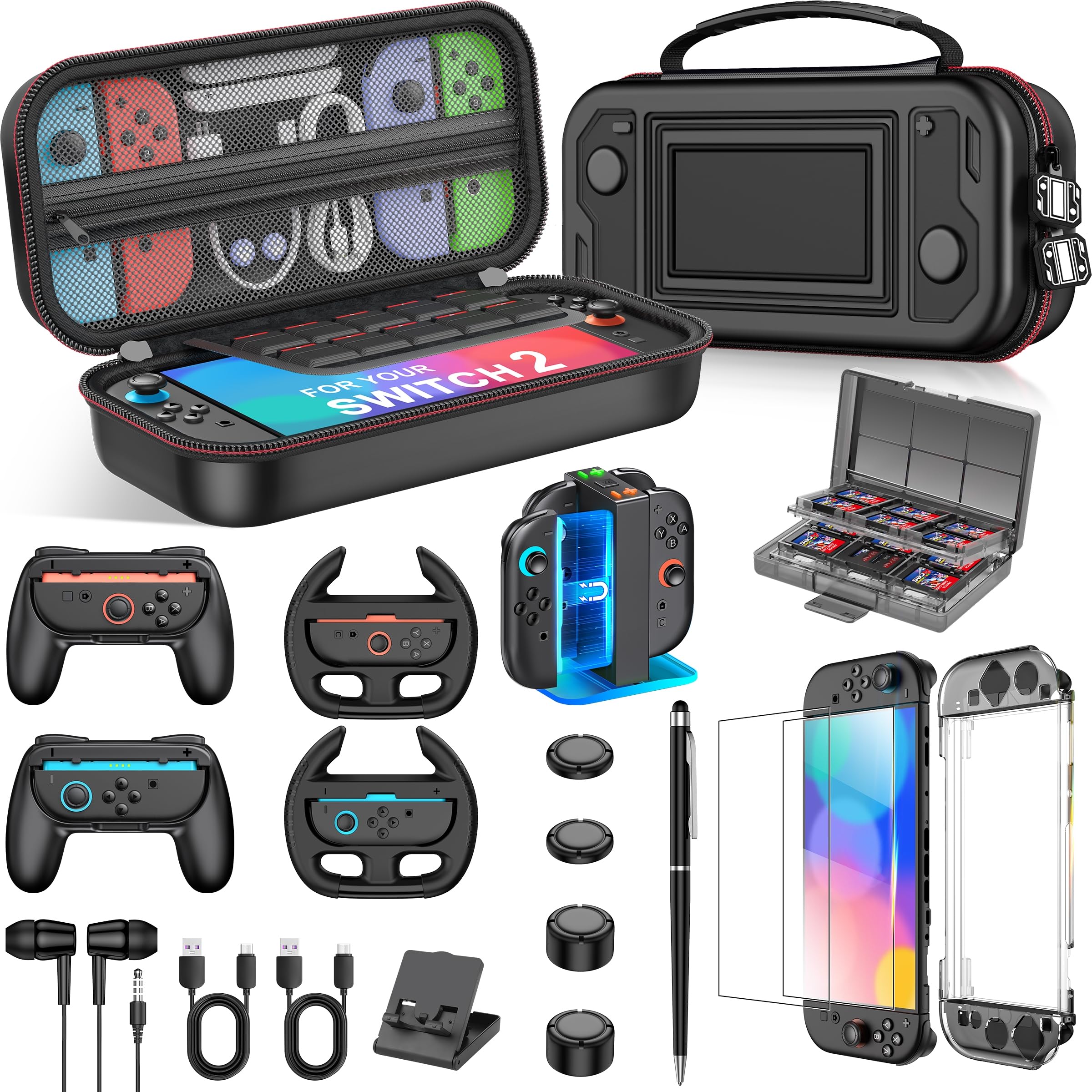 Spican Switch 2 Accessories Bundle 17-in-1, Switch 2 Carrying Case for Switch 2/Switch/Oled, Joypad Charging dock, Switch 2 Protectors, Steering Wheel, Joypad Grip, & More Image