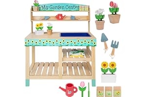 Wooden Toy Gardening Center Indoor/Outdoor Playset - 22 Wooden Pc Garden w Flowers, Seed Packets, Pots, Shovel, Rake, Apron, 