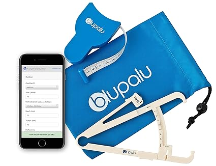 blupalu I Körperfettmessgerät I Körperfettzange I Caliper mit Körper-Massband und Tasche zum Messen von Körperfett I mit Web-
