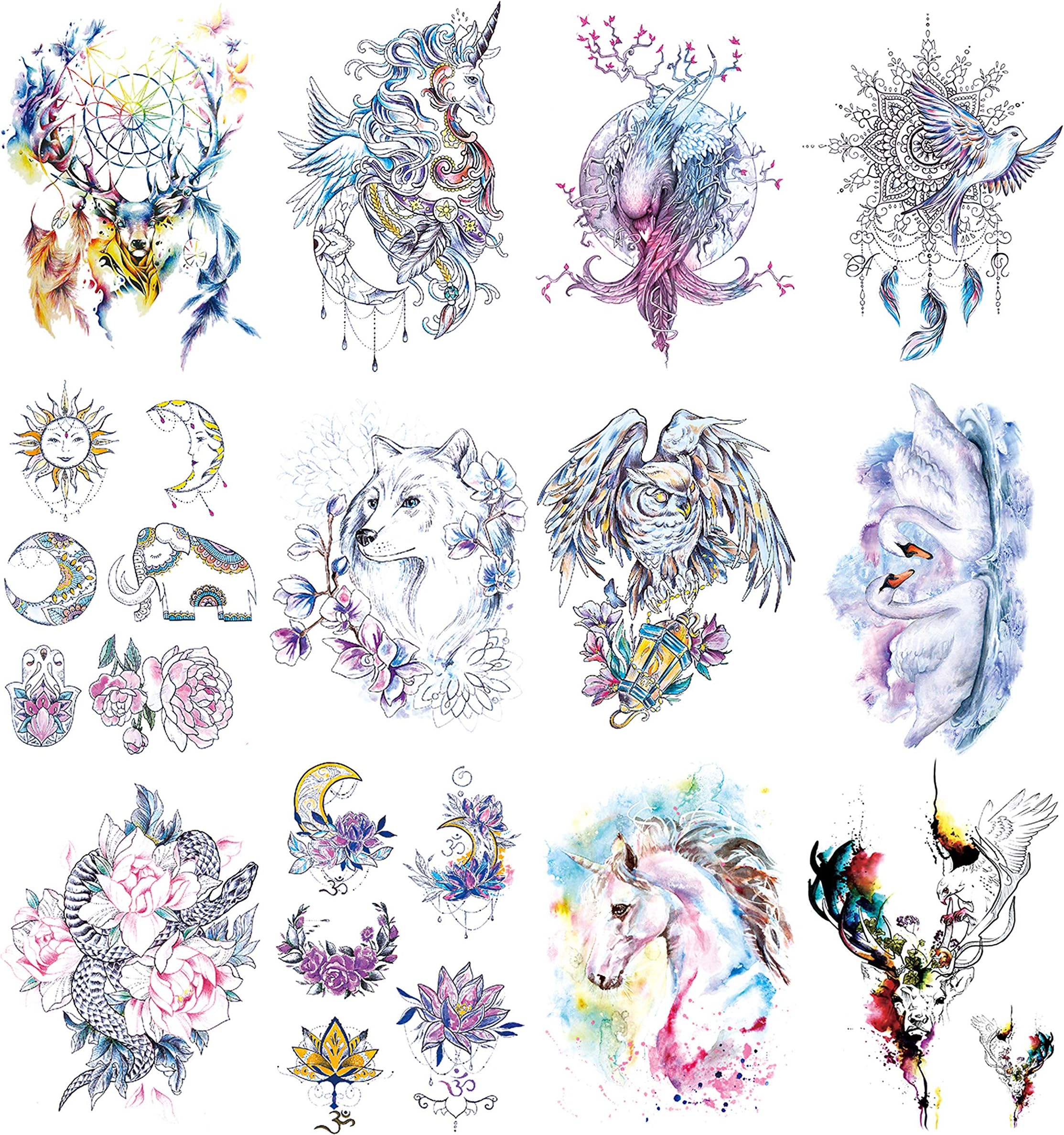 Oottati 12 Sheets Fairy Tales Animal Temporary Tattoo Kit - 21x15cm Pink Unicorn Swan Bird Deer Elf Wolf Owl Eagle Tree Elephant Moon Sun Totem Flower Arm