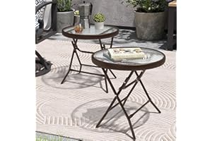 PATIOHIT Foldable Patio Side Table Set of 2 with Tempered Glass Top 18" Folding Outdoor Side Tables Set of 2 Small Glass Patio End Tables for Porch Yard Balcony Deck Lawn Dining Garden (Brown)