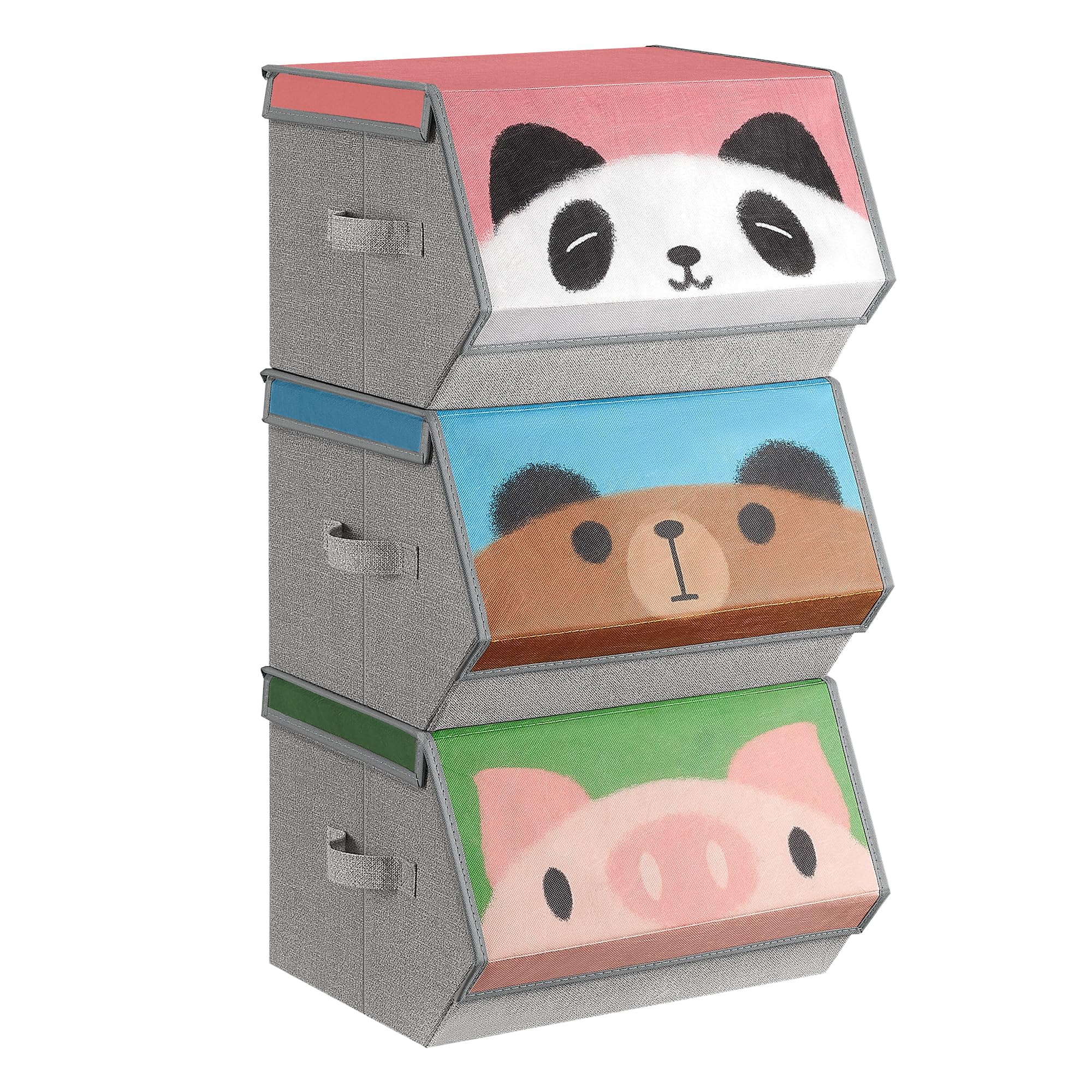 SONGMICS Kids Storage Organisers, Set of 3, Stackable Toy Organiser Boxes, Folding Organisers with Handles, Magnetic Lid, for Kid's Room, Playroom, Pink, Blue, Green and Grey RFB760P02