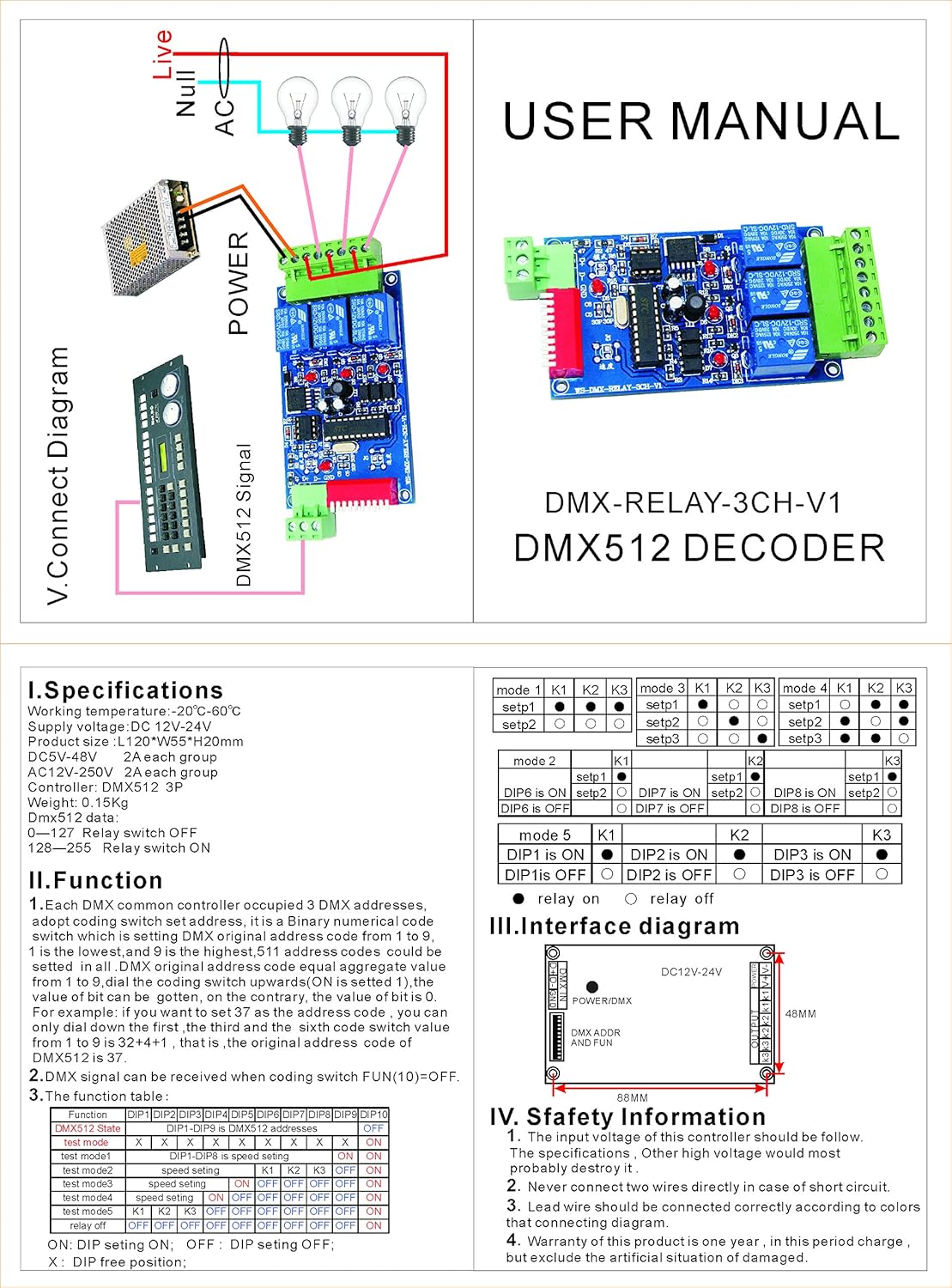 Replacement Parts 3 Channel 5A DMX512 Controlled Relay Switch Kit DIY