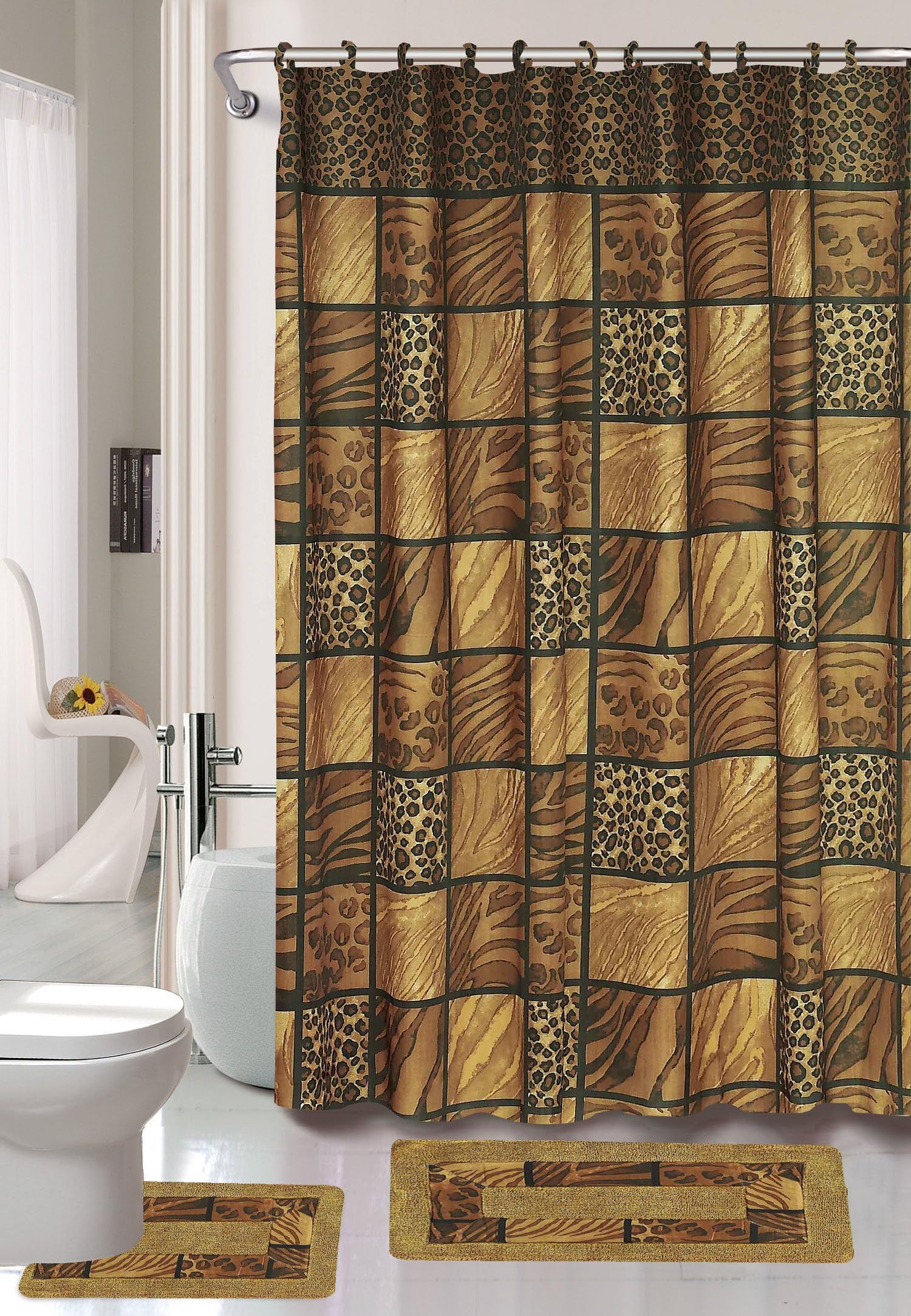 Printed Leopard's Skin Design, Safari 15 Piece Bathroom Set, Brown and Beige, Bath Rugs, Shower Curtain, and Hooks