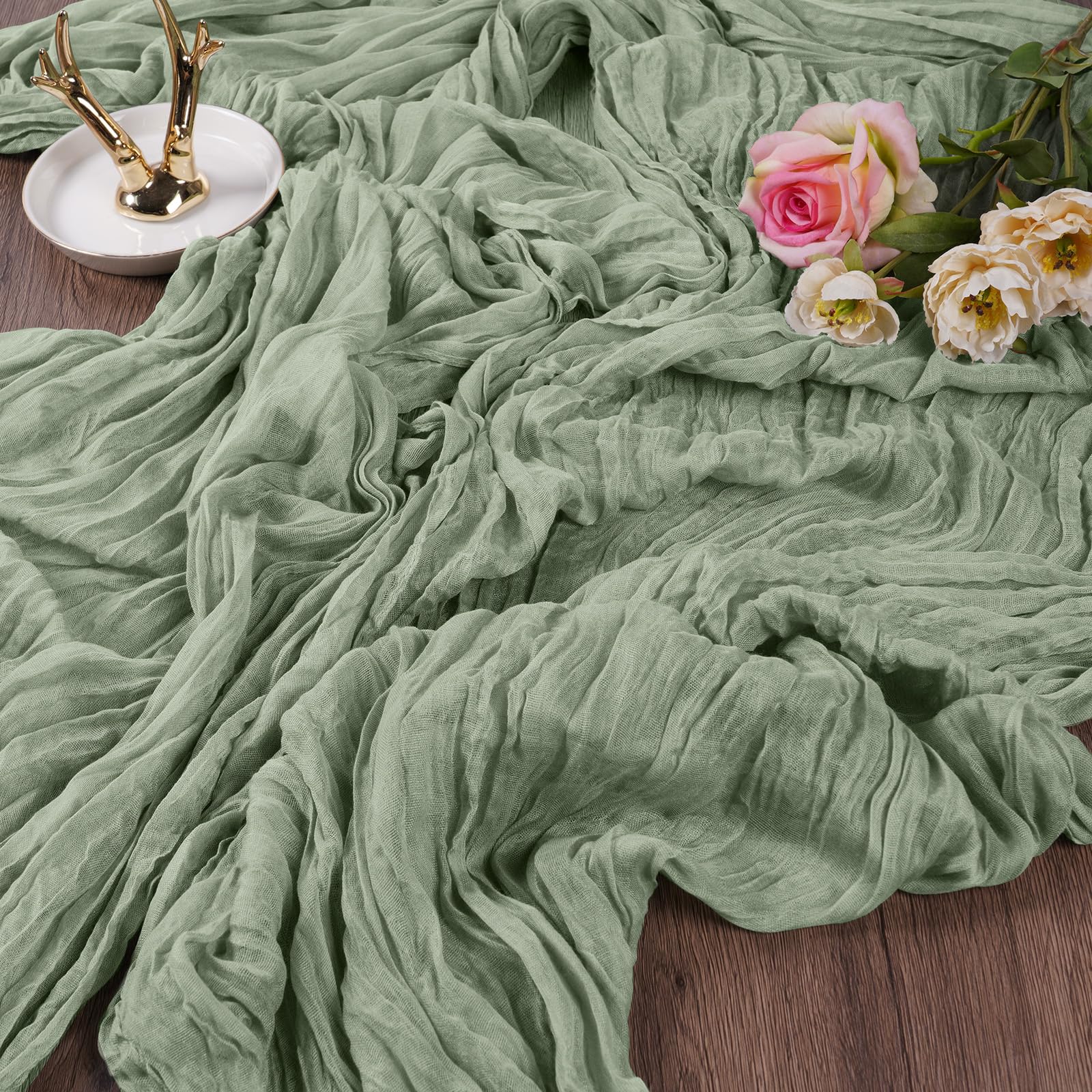 AUAY 2 Pack Light Green Rustic Cheesecloth Table Runner, 90x300cm Boho Gauze Fabric for Baby Shower Decoration Wedding Holiday Party Summer