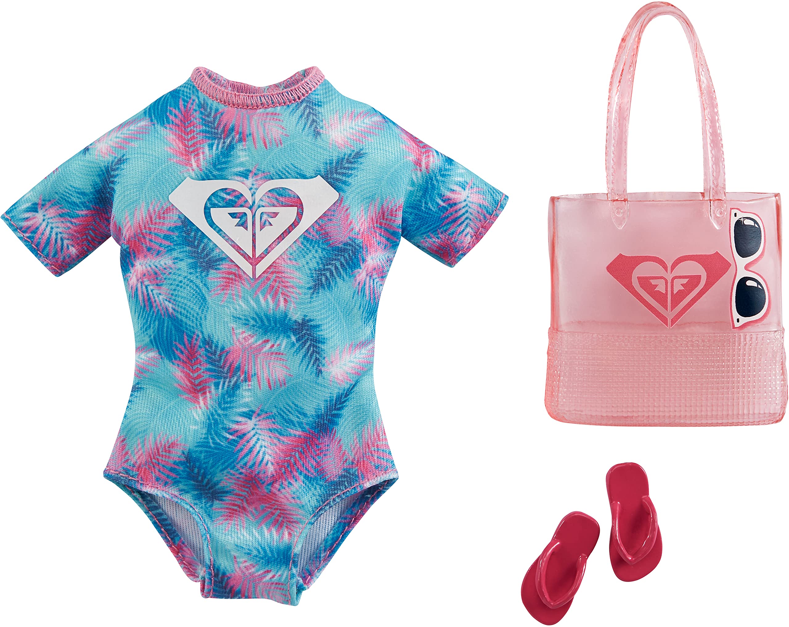 Barbie Fashions Doll Clothes Inspired by Roxy, Complete Look with 2 Accessories, Tropical Roxy Swimsuit GRD41