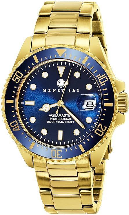 Henry Jay 'Specialty Aquamaster' Herren 23K vergoldet Edelstahlarmband Professionelle Taucheruhr mit Datum