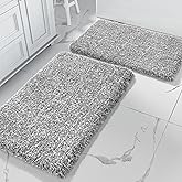 Yimobra Bathroom Rug Set 2 Piece, Soft Absorbent Microfiber Bath Mat Set, Non Slip Machine Washable Dry, Plush Shaggy Shower Rugs for Bathroom Floor, 32"x20"+24"x17", Light Gray and White