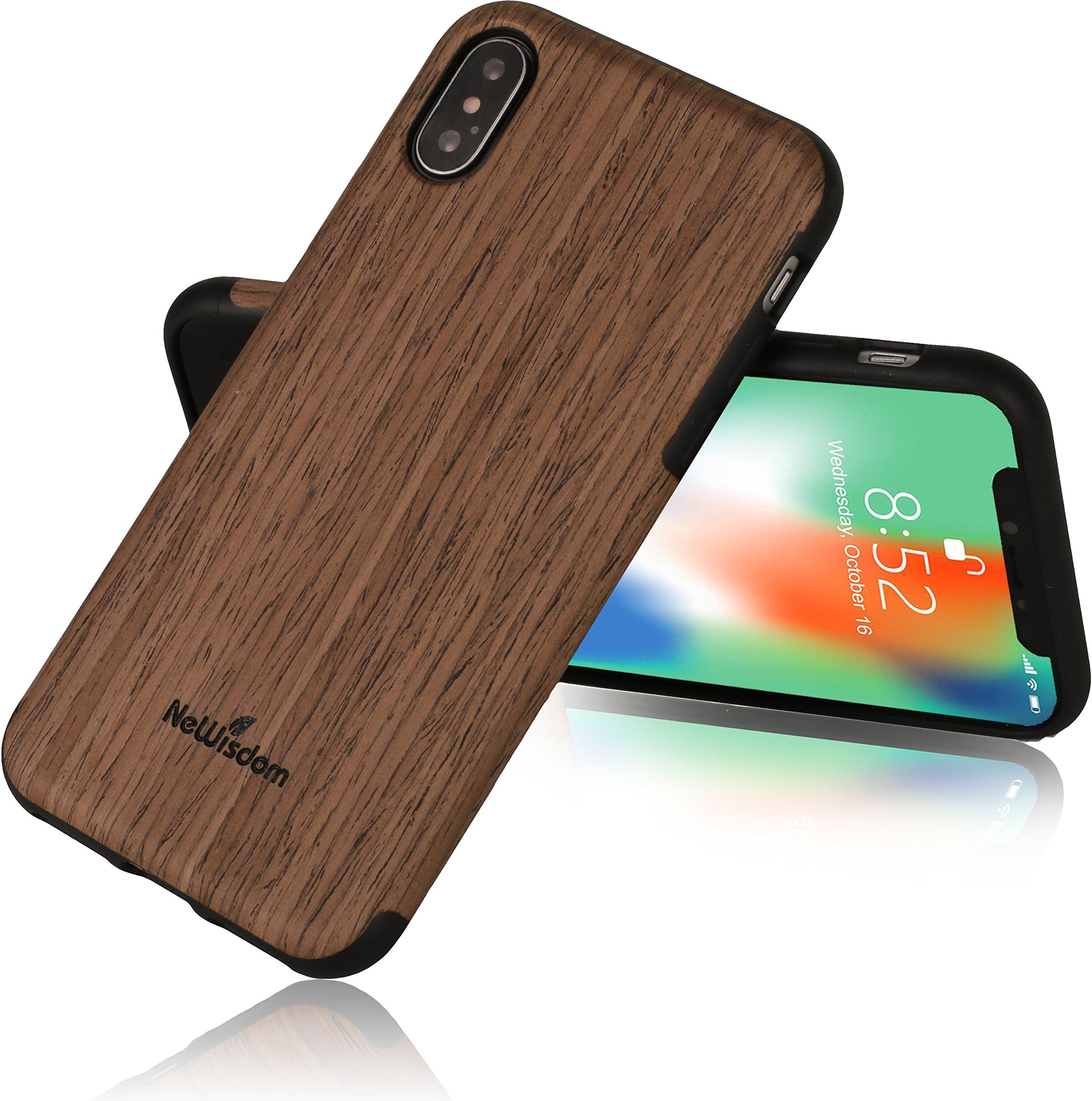 NeWisdom iPhone X XS Case Wood [Suitable for Wireless Charging] Soft Wood Slim Bumper Scratch Resistant Grip Ultra Light TPU Snap Back Cover with Rubber Corner for Apple iPhone X XS - Blackrose