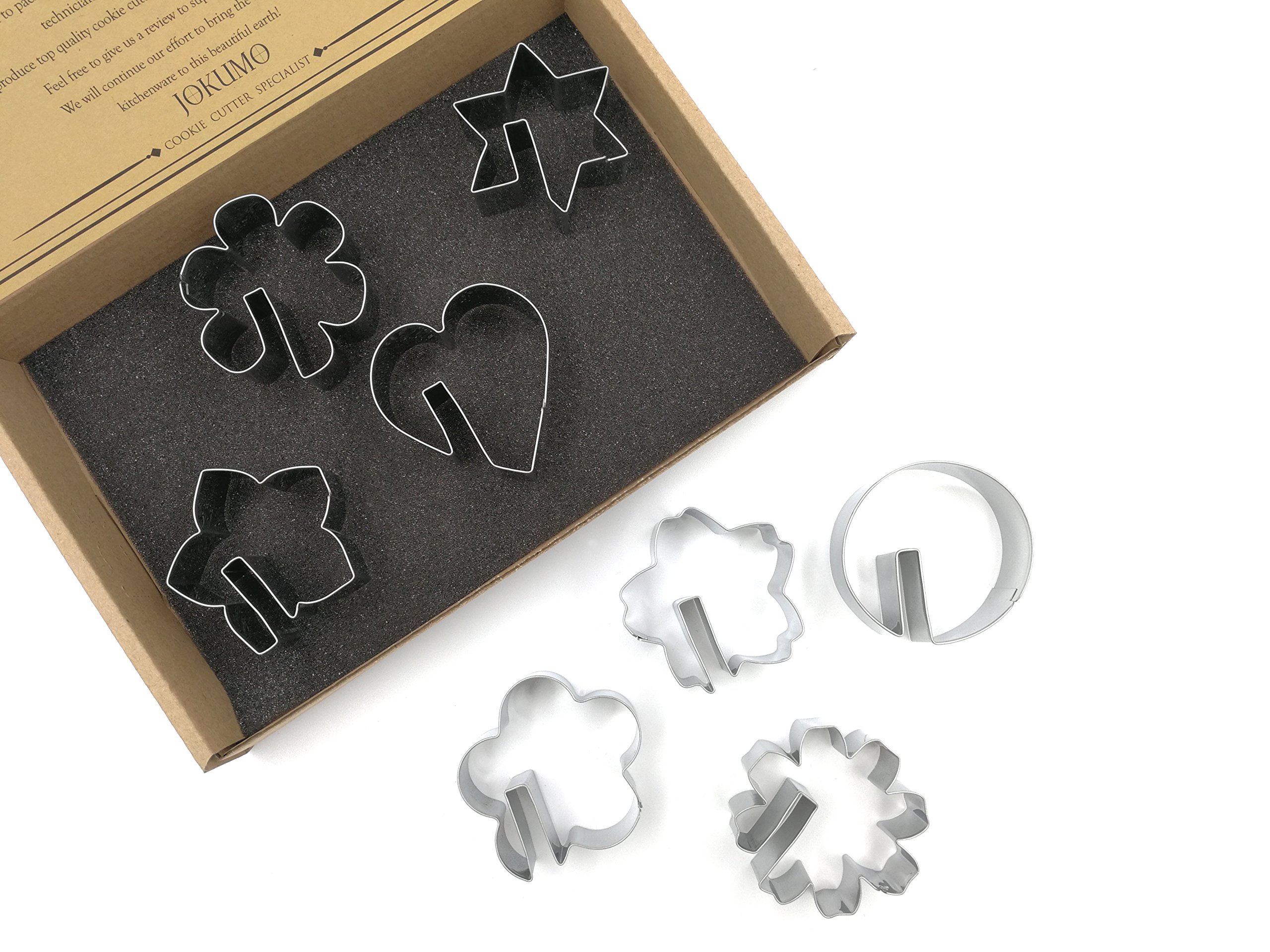 JOKUMO Bite Sized Over The Edge Mug Rim Cookie Cutters Set – 8 PC High Grade 430 Stainless Steel –Hexagram, Circle, Heart and 5 Variation of Flower