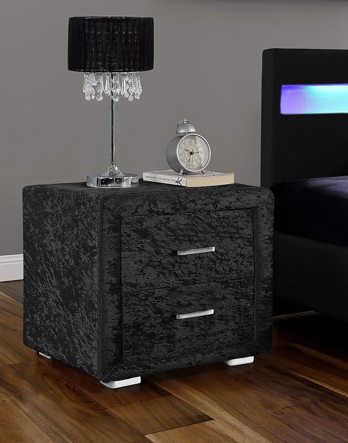 Kmk Silver Black Crushed Velvet Linen Dark And Light Grey Fabric Bedside With 2 Drawers Black Crush Velvet Amazon Co Uk Kitchen Home