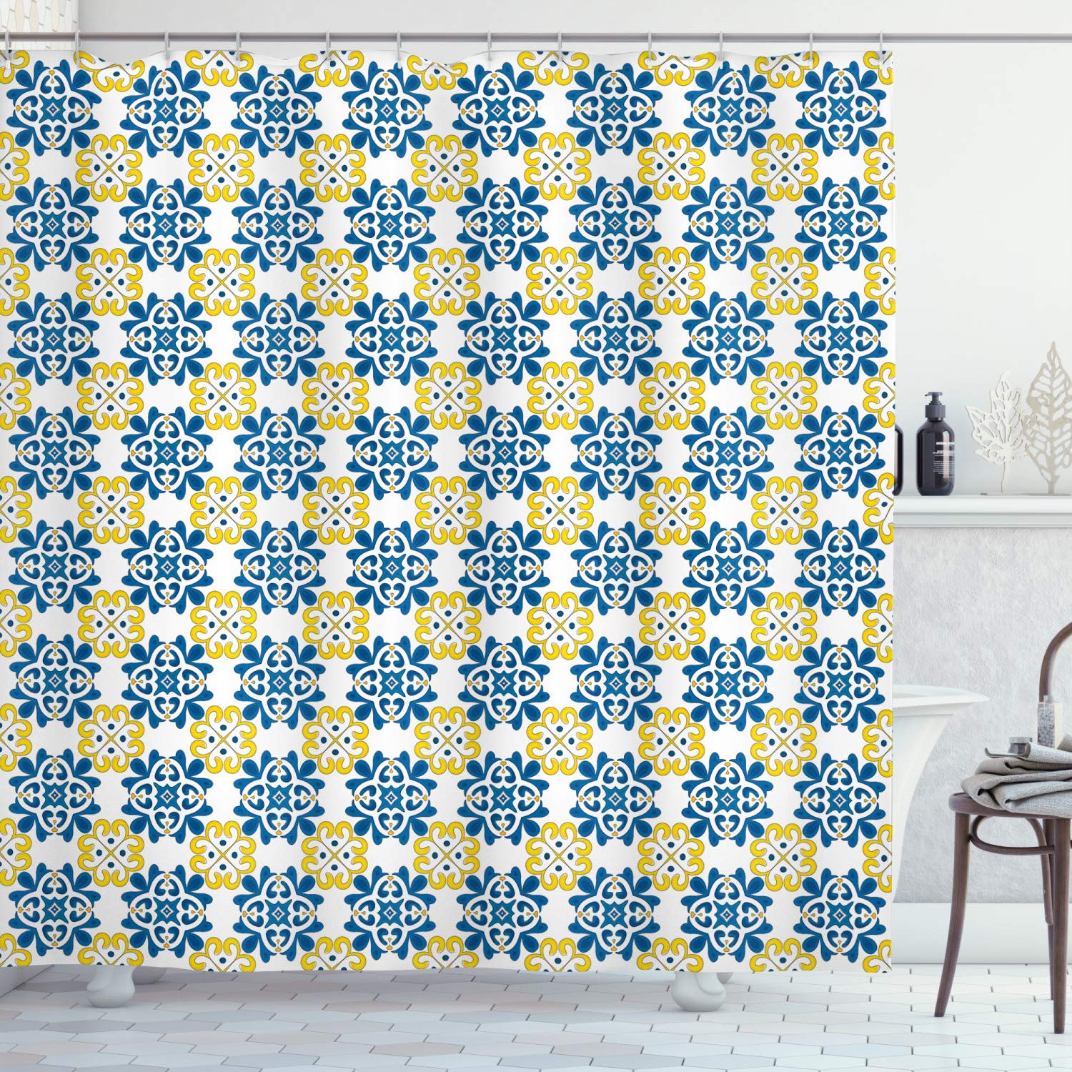 ABAKUHAUS Spanish Shower Curtain, Traditional Portuguese Tiles Mosaic Azulejo with Effects, Cloth Fabric Bathroom Decor Set with Hooks, 70 Inches, Cobalt Blue Yellow White