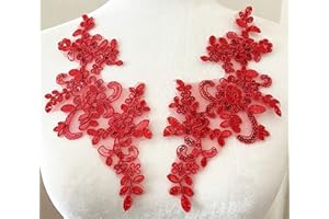PEPPERLONELY 1 Pair Fine Lace Fabric Patches Embroidered Trim Applique Decor Dress Decoration, Red with Sequin, 10 X 6 Inch