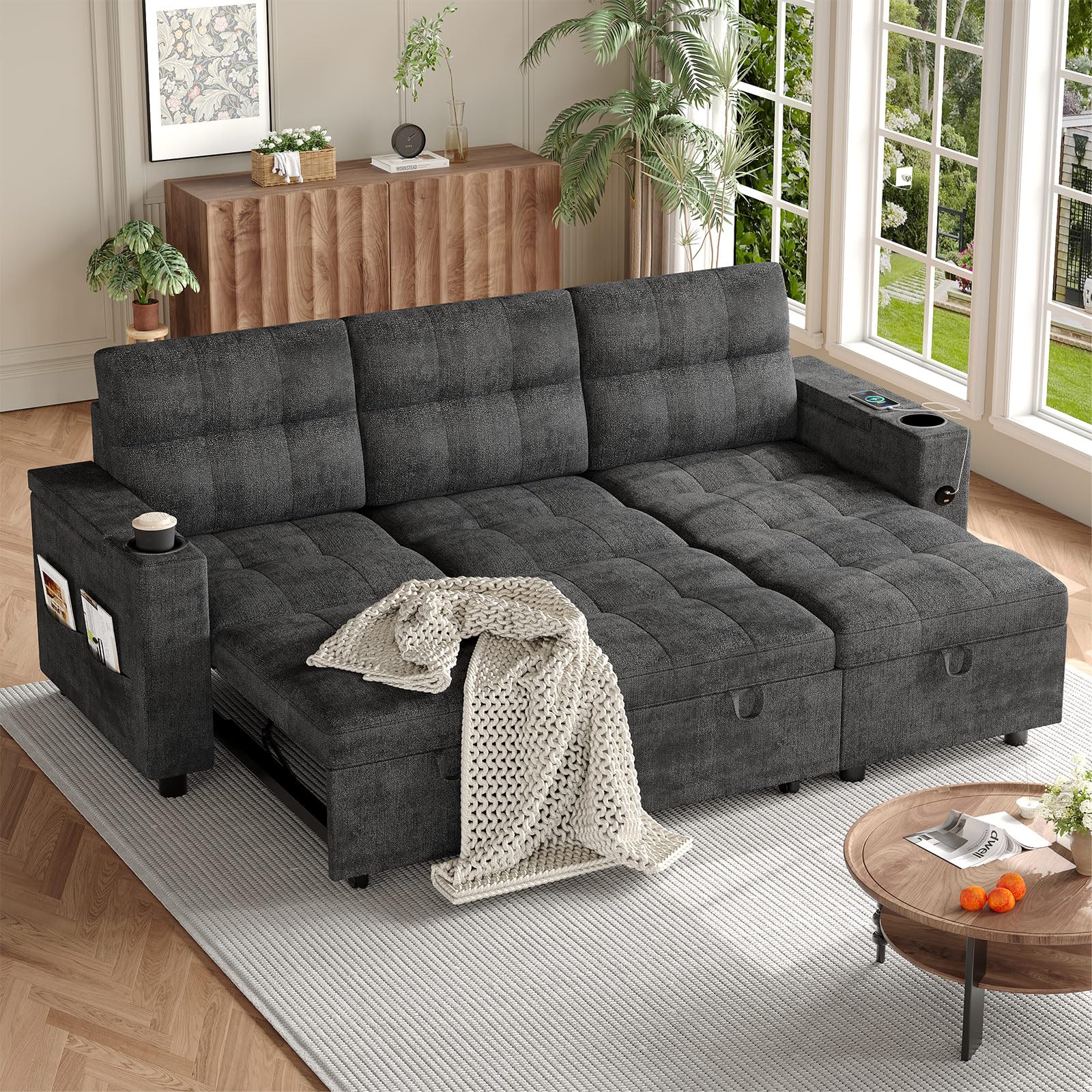 Photo 1 of **BOX A ONLY/INCOMPLETE SET***GarveeTech Sectional Sofa Bed, L-Shaped Sofa with Reversible Storage Chaise, Comfy Couches for Living Room with Charging Ports and Storage Armrests, Dark Grey