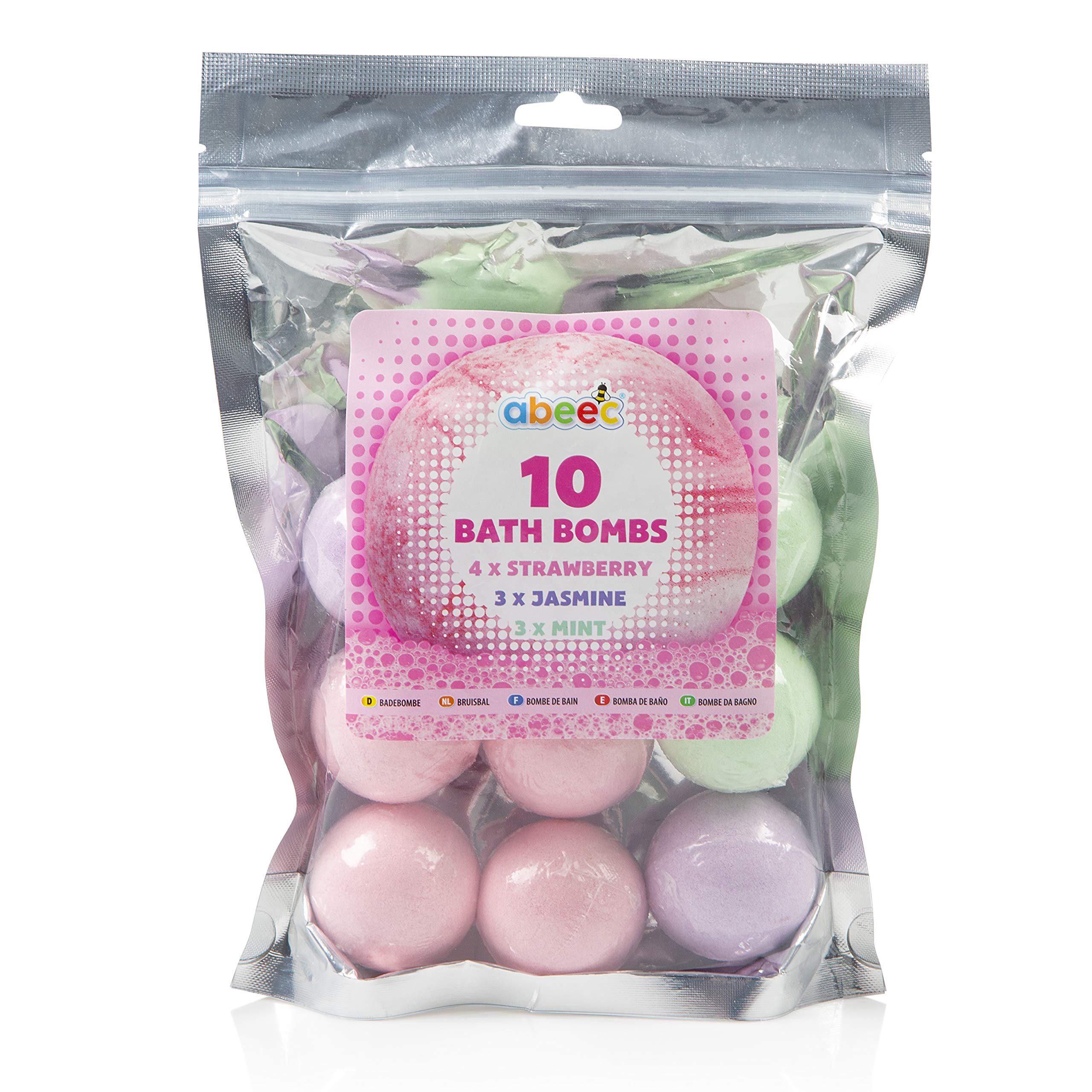 abeec 10 Bath Bombs – Bath Bomb Set in Scents: Strawberry, Jasmine and Mint – 10 Bath Bombs for Kids – Fizzy Bubble Bath Sets for Women’s Gifts – Bubble Bath