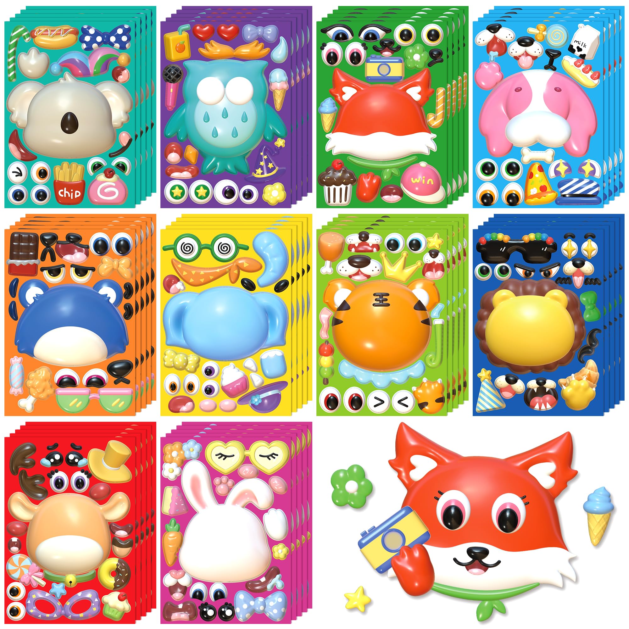 Sinceroduct Make a Face Stickers for Kids, 50 PCS Animal Faces to Make Your Own Sticker, 10 Fun Stickers Designs for Craft, Party Favors, Classrooms, Birthday Activities, Christmas, Valentine's Day