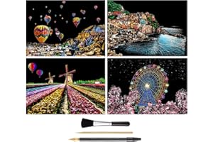 AP ARTSPER Rainbow Scratch Art Painting Paper (A4) for Kids & Adults, DIY Night View Scratchboard Set: 4 Sheets Scratch Cards & Drawing Pen, Clean Brush (Cinque Terre/Windmill/Hot Air Balloon/Ferris Wheel)