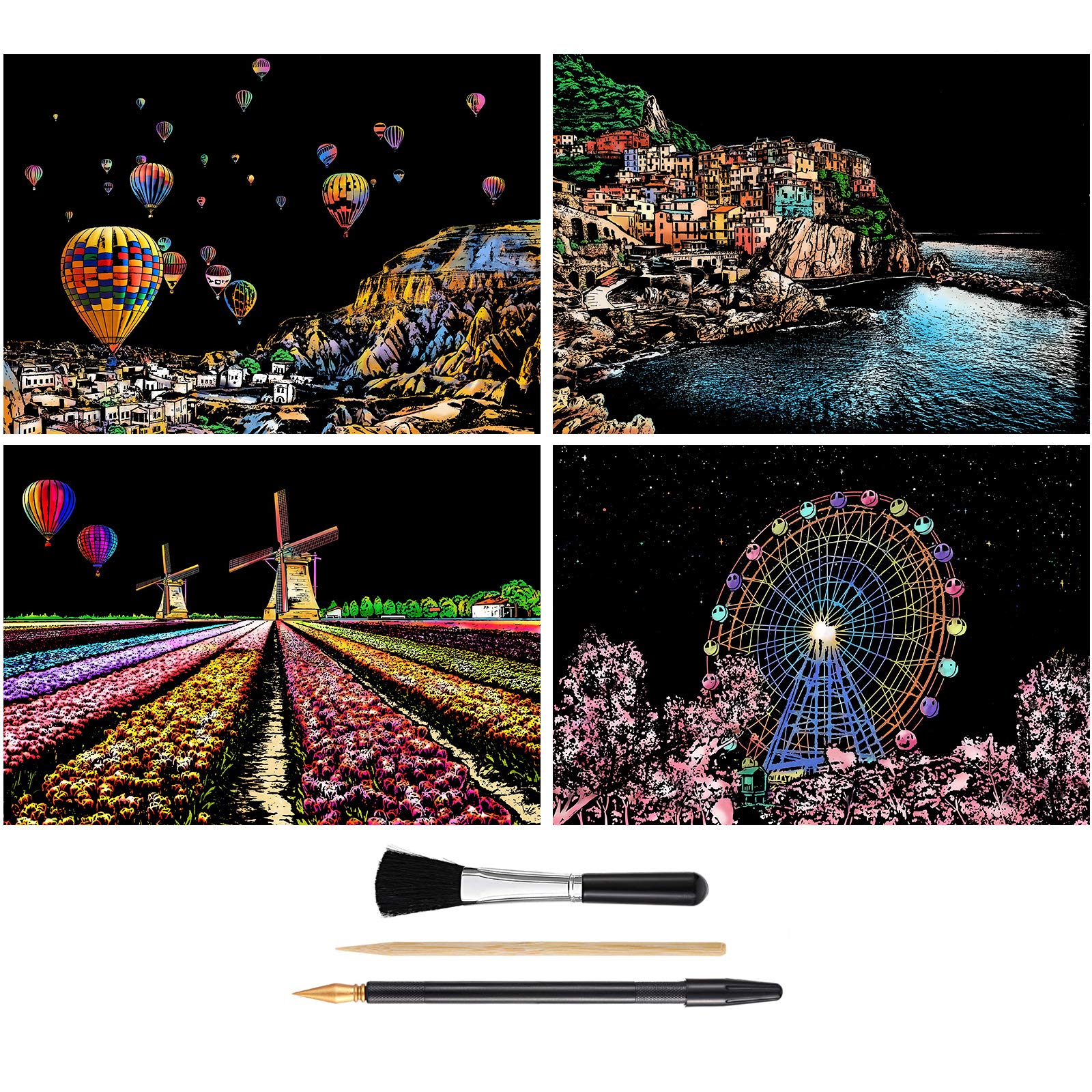 Rainbow Scratch Art Painting Paper (A4) for Teens & Adults, DIY Night View Scratchboard Set: 4 Sheets Scratch Cards & Drawing Pen, Clean Brush (Cinque Terre/Windmill/Hot Air Balloon/Ferris Wheel)