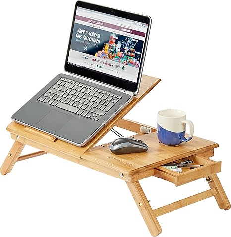 Andrew James Bamboo Lap Tray With Legs Portable Laptop Stand