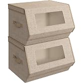 SONGMICS Stackable Storage Bins, Set of 2, with Lids and Front Windows | Closet Organizers, Linen-Look Non-Woven Fabric, Magnetic Closures, Side Handles, Beige, TINA Collection URLB002Y01