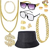 Spooktacular Creations 12 Pcs Hip Hop Costume Kit, 80s 90s Rapper Fake Gold Chain Necklace Dollar Sign Accessories Outfit for Men Women Halloween Old School Rapper Cosplay Themed Party Supplies