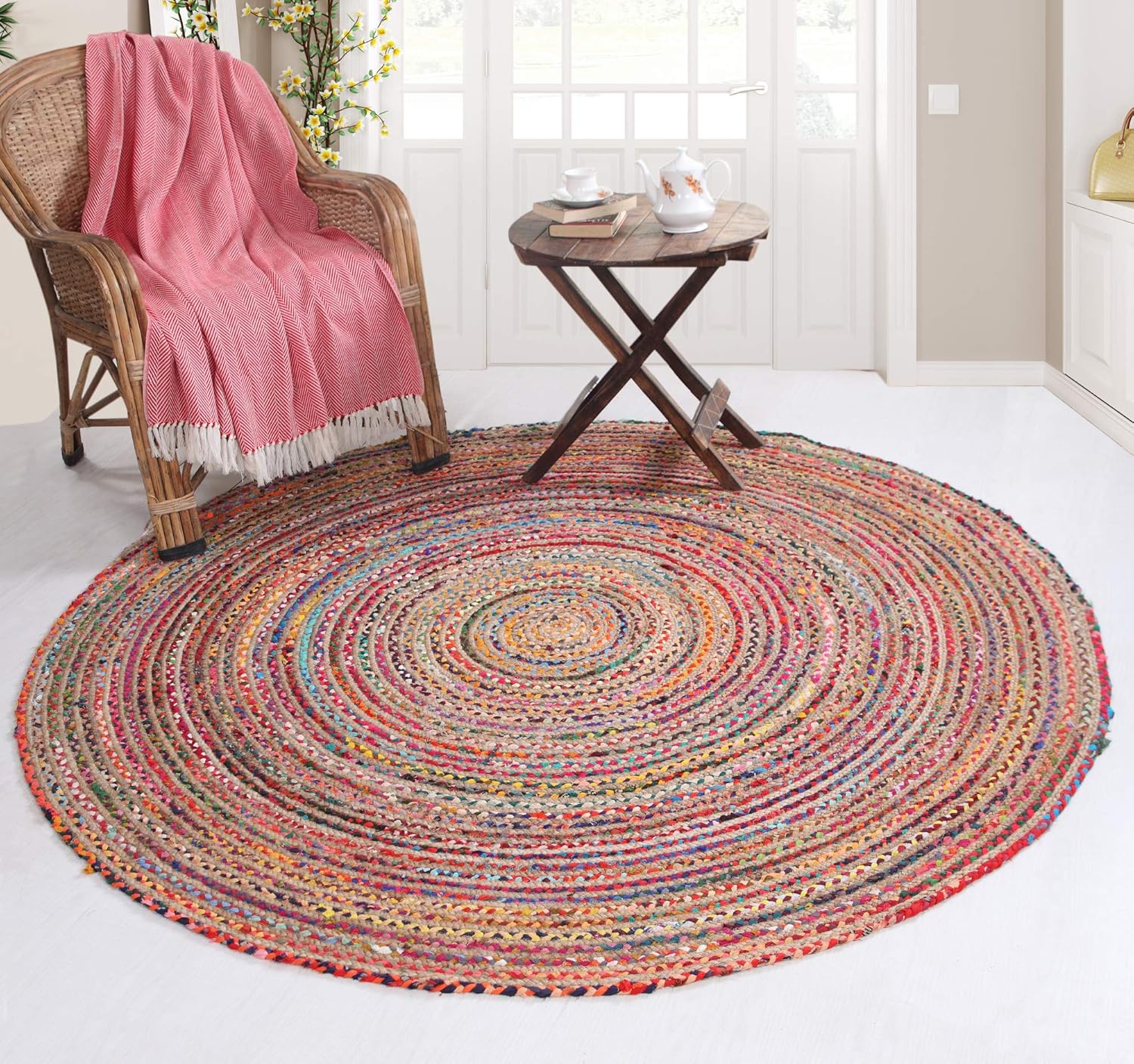 Second Nature Online Mishran Eco Friendly Medium Round Braided Rug Flat Weave with Natural Jute and Multi Colour Recycled Material 120 cm Diameter - Image 3